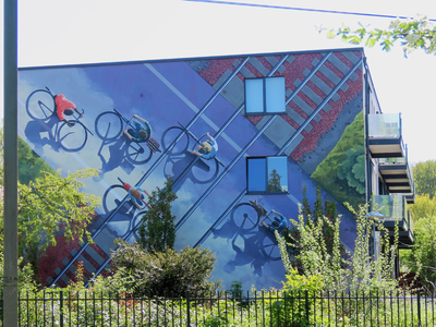 912786 Afbeelding van de recent aangebrachte muurschildering 'Kruising', in vogelperspectief, met een afbeelding van ...